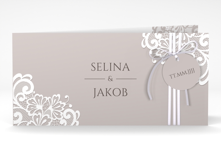 Hochzeitseinladung Vintage lange Klappkarte quer mit floraler Spitze