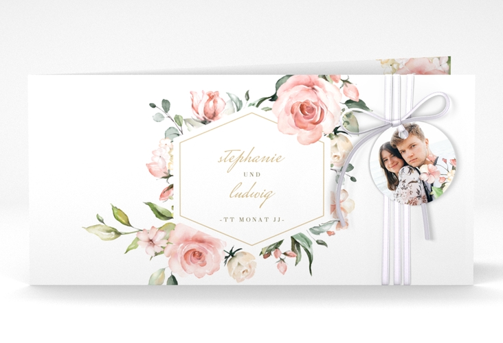 Hochzeitseinladung Graceful lange Klappkarte quer weiss mit Rosenblüten in Rosa und Weiß