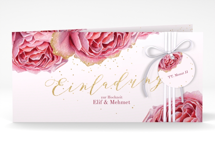 Hochzeitseinladung Cherie lange Klappkarte quer rosa