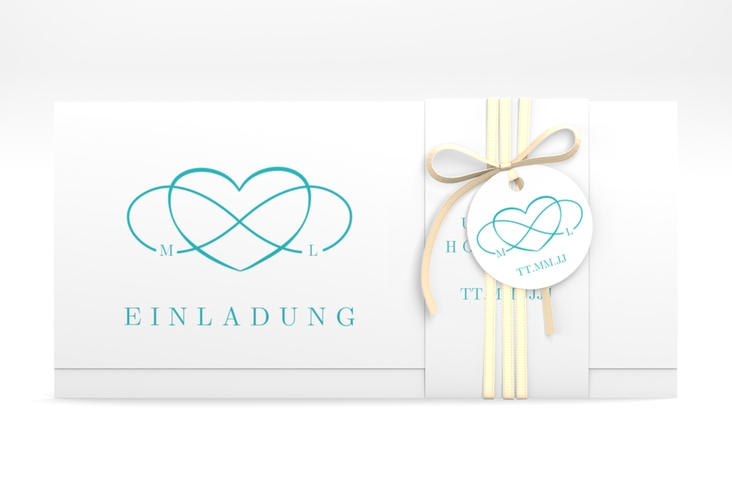 Hochzeitseinladung Infinity Wickelfalzkarte + Banderole tuerkis