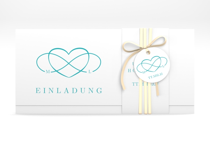 Hochzeitseinladung Infinity Wickelfalzkarte + Banderole tuerkis