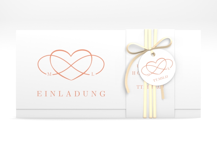 Hochzeitseinladung Infinity Wickelfalzkarte + Banderole apricot hochglanz