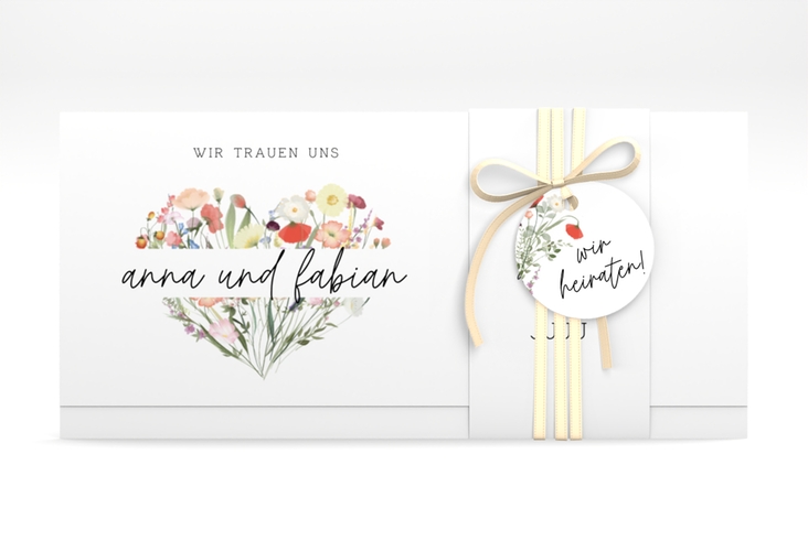 Hochzeitseinladung Wildblumenherz Wickelfalzkarte + Banderole bunt hochglanz