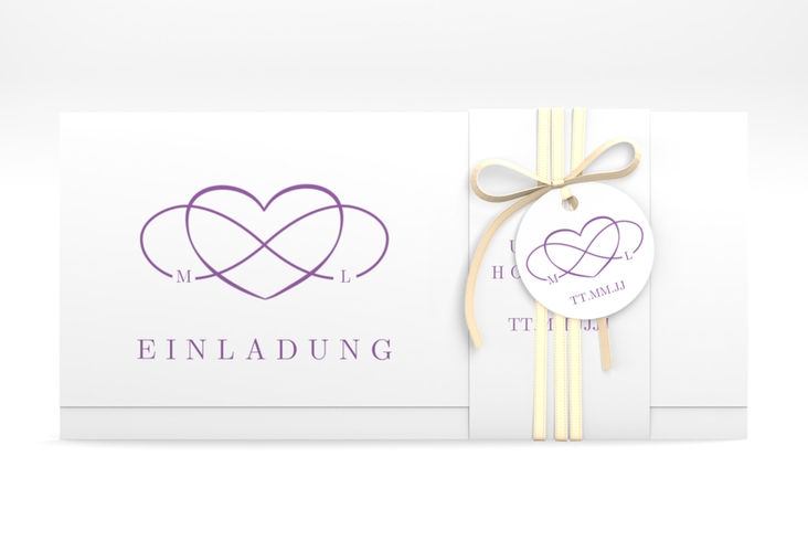 Hochzeitseinladung Infinity Wickelfalzkarte + Banderole lila
