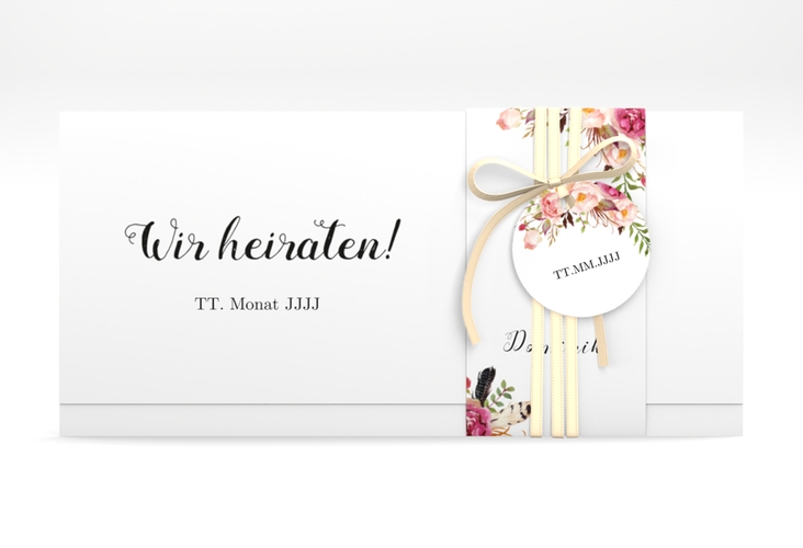 Hochzeitseinladung Flowers Wickelfalzkarte + Banderole weiss hochglanz mit bunten Aquarell-Blumen