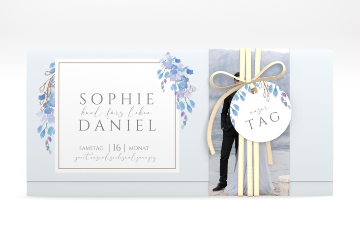 Hochzeitseinladung Blauregen Wickelfalzkarte + Banderole mit Wisteria-Blüten