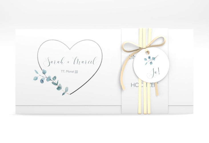 Hochzeitseinladung Greenheart Wickelfalzkarte + Banderole grau mit elegantem Herz und Eukalyptus-Zweig