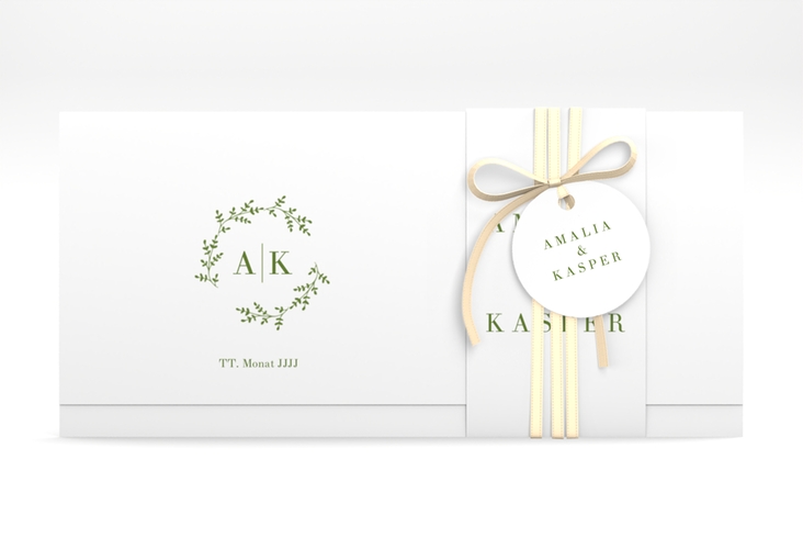 Hochzeitseinladung Filigrana Wickelfalzkarte + Banderole gruen hochglanz in reduziertem Design mit Initialen und zartem Blätterkranz