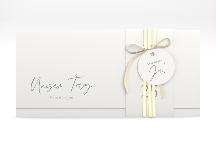 Hochzeitseinladung Day Wickelfalzkarte + Banderole weiss hochglanz mit Datum im minimalistischen Design