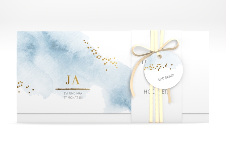 Hochzeitseinladung Pastell Wickelfalzkarte + Banderole blau