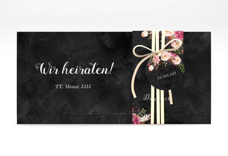 Hochzeitseinladung Flowers Wickelfalzkarte + Banderole schwarz mit bunten Aquarell-Blumen