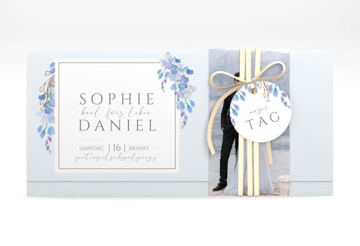 Hochzeitseinladung Blauregen Wickelfalzkarte + Banderole blau mit Wisteria-Blüten