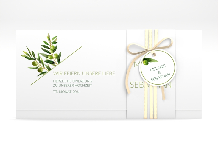 Hochzeitseinladung Olivenzweig Wickelfalzkarte + Banderole weiss