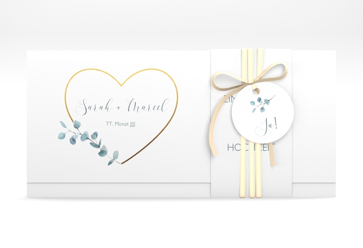 Hochzeitseinladung Greenheart Wickelfalzkarte + Banderole gold mit elegantem Herz und Eukalyptus-Zweig