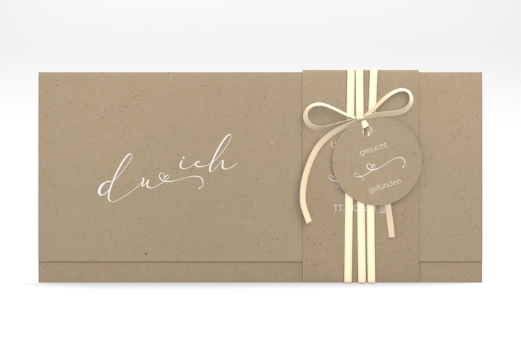 Hochzeitseinladung Zweisamkeit Wickelfalzkarte + Banderole Kraftpapier im minimalistischen Stil mit Aufschrift du & ich