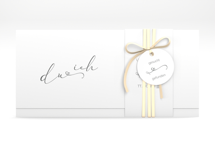 Hochzeitseinladung Zweisamkeit Wickelfalzkarte + Banderole weiss hochglanz im minimalistischen Stil mit Aufschrift du & ich