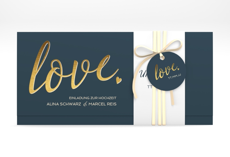Hochzeitseinladung Glam Wickelfalzkarte + Banderole blau hochglanz