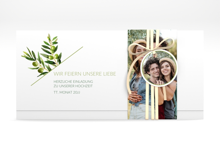 Hochzeitseinladung Olivenzweig Wickelfalzkarte + Banderole weiss