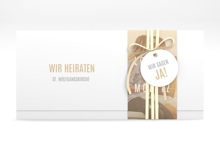 Hochzeitseinladung Memory Wickelfalzkarte + Banderole beige hochglanz
