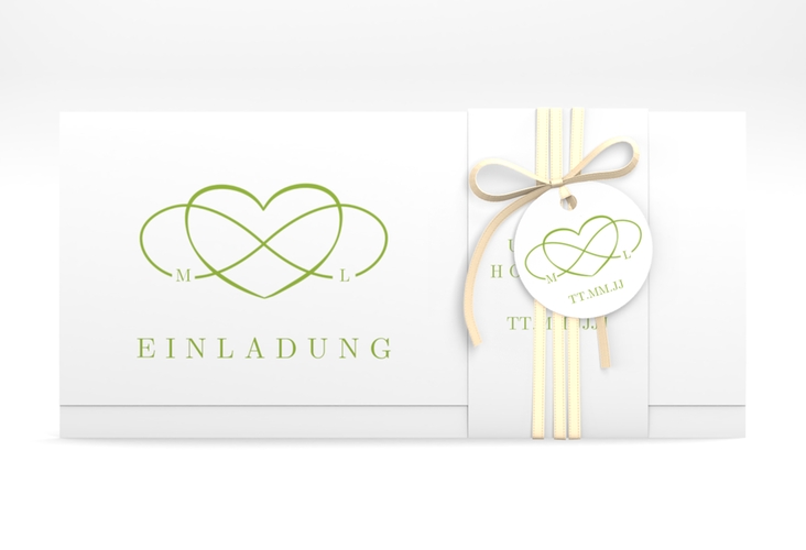 Hochzeitseinladung Infinity Wickelfalzkarte + Banderole gruen hochglanz