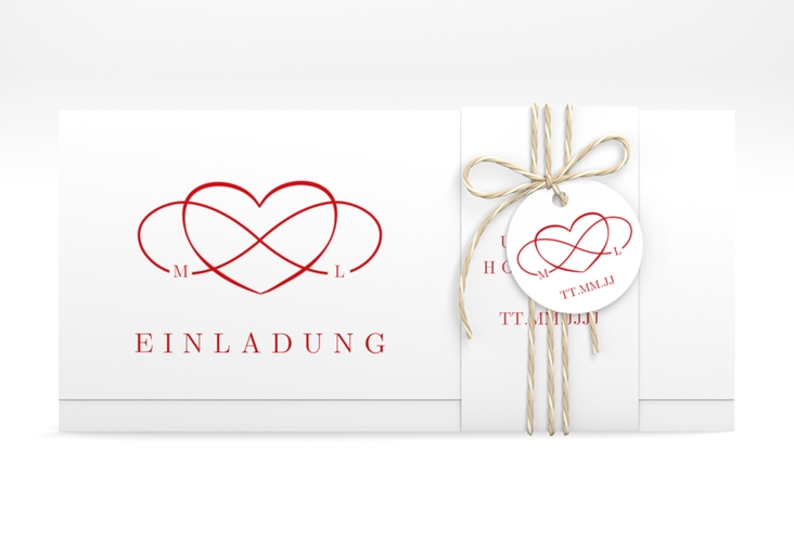 Hochzeitseinladung Infinity Wickelfalzkarte + Banderole rot hochglanz