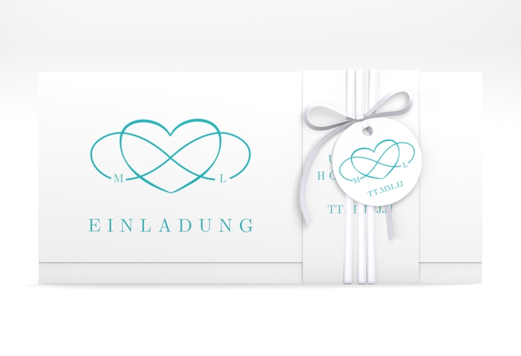 Hochzeitseinladung Infinity Wickelfalzkarte + Banderole tuerkis hochglanz