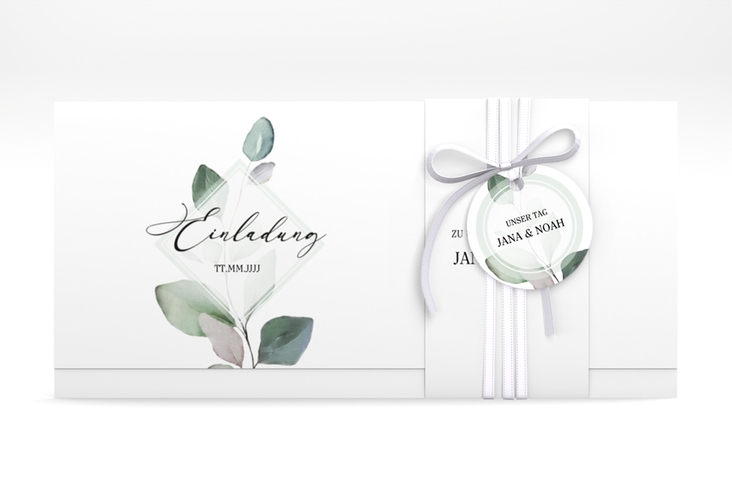 Hochzeitseinladung Foglia Wickelfalzkarte + Banderole edel mit Eukalyptus im Aquarell-Design