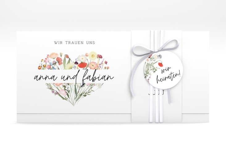 Hochzeitseinladung Wildblumenherz Wickelfalzkarte + Banderole bunt hochglanz