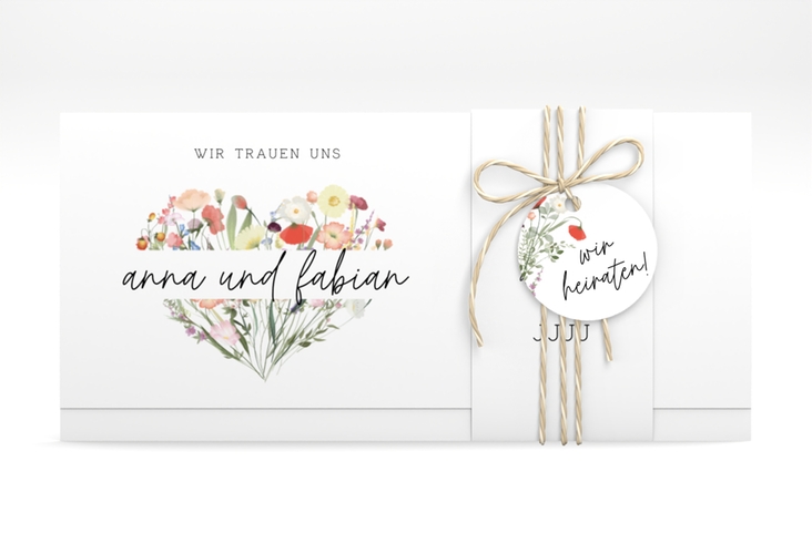 Hochzeitseinladung Wildblumenherz Wickelfalzkarte + Banderole bunt hochglanz