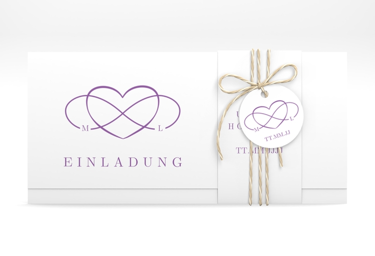 Hochzeitseinladung Infinity Wickelfalzkarte + Banderole lila hochglanz