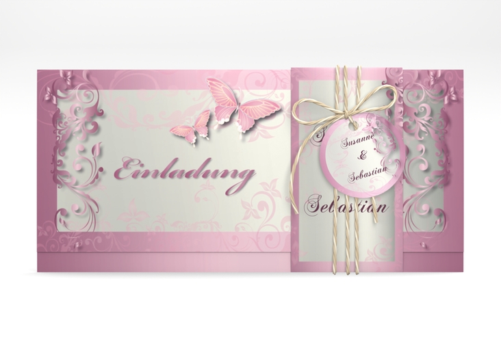 Hochzeitseinladung Toulouse Wickelfalzkarte + Banderole rosa hochglanz