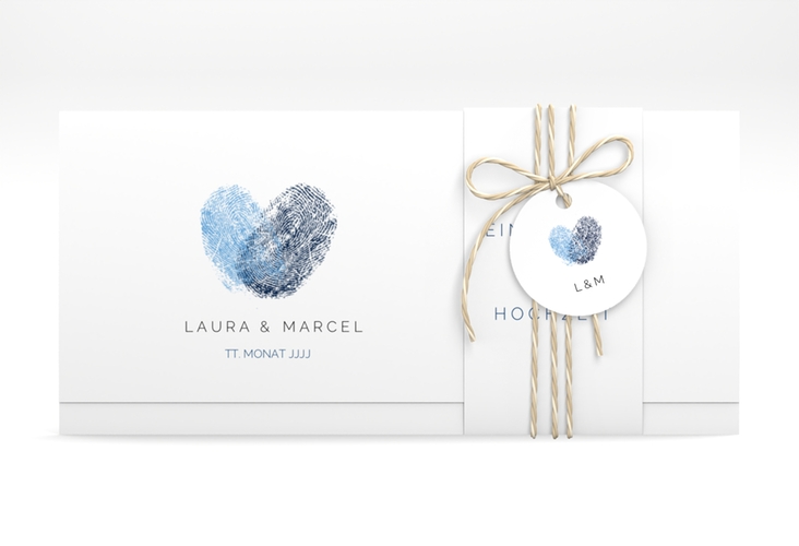 Hochzeitseinladung Fingerprint Wickelfalzkarte + Banderole blau schlicht mit Fingerabdruck-Motiv