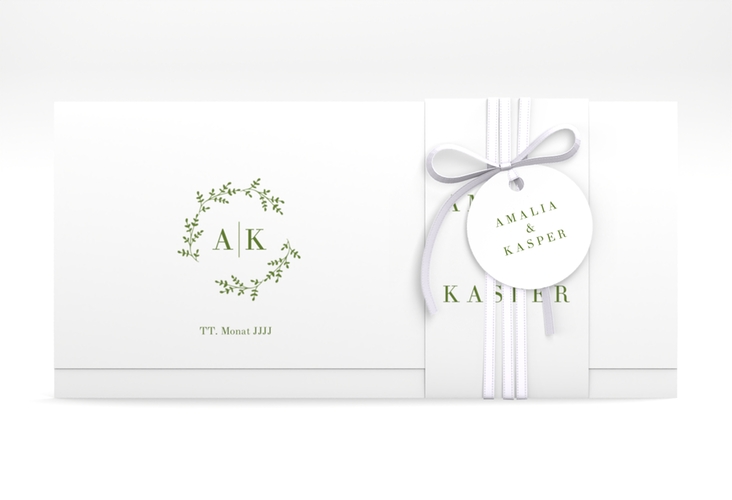 Hochzeitseinladung Filigrana Wickelfalzkarte + Banderole gruen hochglanz in reduziertem Design mit Initialen und zartem Blätterkranz