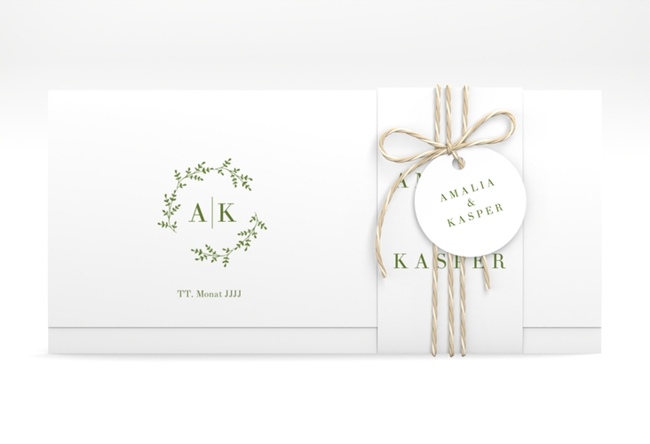 Hochzeitseinladung Filigrana Wickelfalzkarte + Banderole gruen hochglanz in reduziertem Design mit Initialen und zartem Blätterkranz