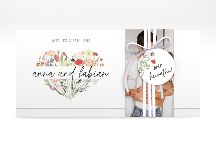 Hochzeitseinladung Wildblumenherz Wickelfalzkarte + Banderole