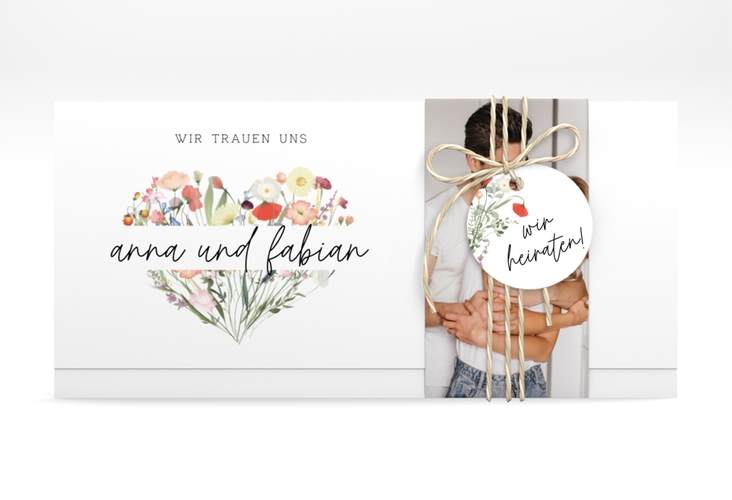 Hochzeitseinladung Wildblumenherz Wickelfalzkarte + Banderole
