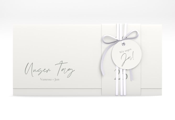 Hochzeitseinladung Day Wickelfalzkarte + Banderole weiss hochglanz mit Datum im minimalistischen Design