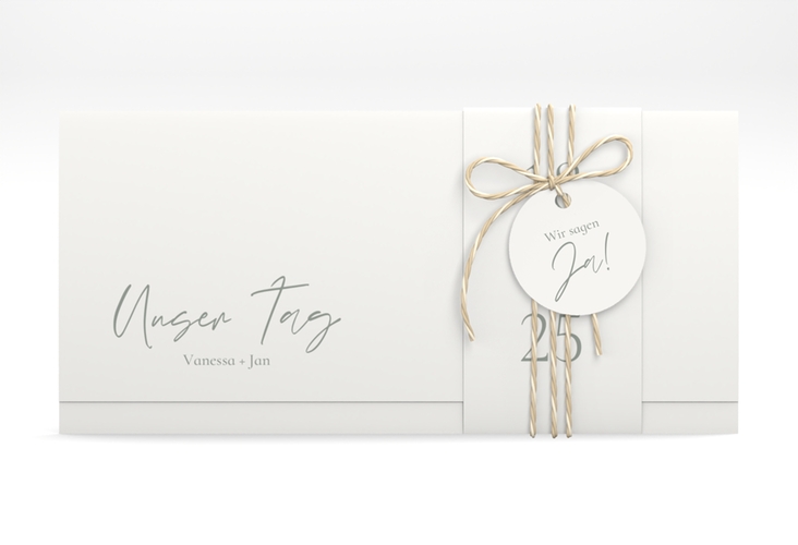 Hochzeitseinladung Day Wickelfalzkarte + Banderole weiss hochglanz mit Datum im minimalistischen Design