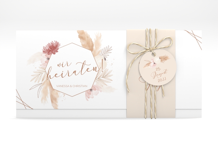 Hochzeitseinladung Bohostyle Wickelfalzkarte + Banderole beige mit Pampasgras in Aquarell