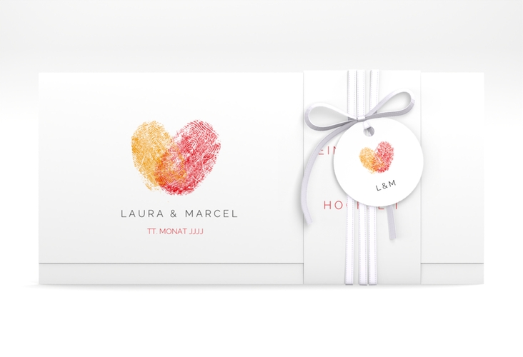 Hochzeitseinladung Fingerprint Wickelfalzkarte + Banderole rot schlicht mit Fingerabdruck-Motiv