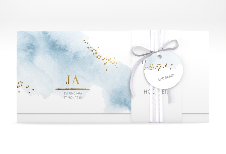 Hochzeitseinladung Pastell Wickelfalzkarte + Banderole blau
