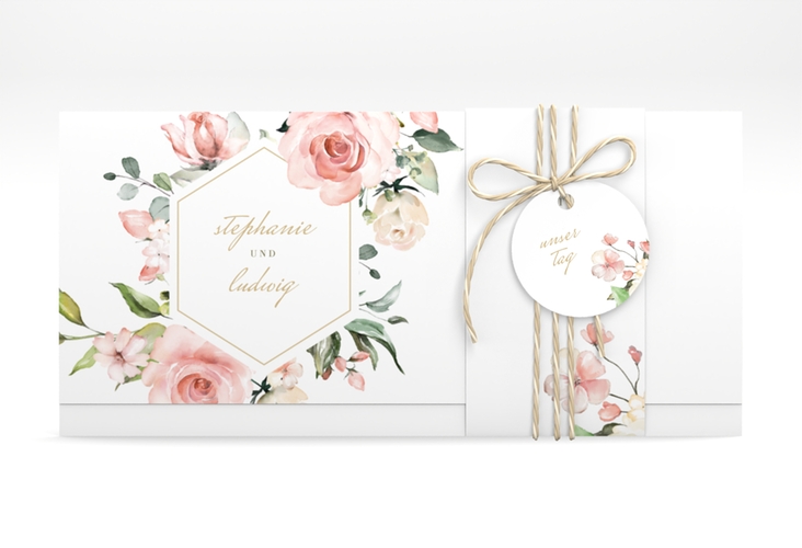Hochzeitseinladung Graceful Wickelfalzkarte + Banderole weiss mit Rosenblüten in Rosa und Weiß