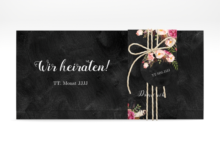 Hochzeitseinladung Flowers Wickelfalzkarte + Banderole mit bunten Aquarell-Blumen