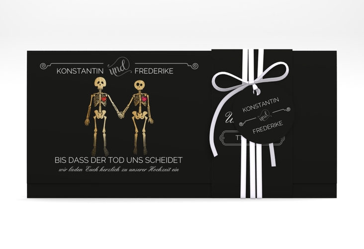 Hochzeitseinladung Bones Wickelfalzkarte + Banderole schwarz