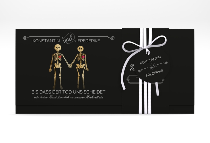 Hochzeitseinladung Bones Wickelfalzkarte + Banderole schwarz