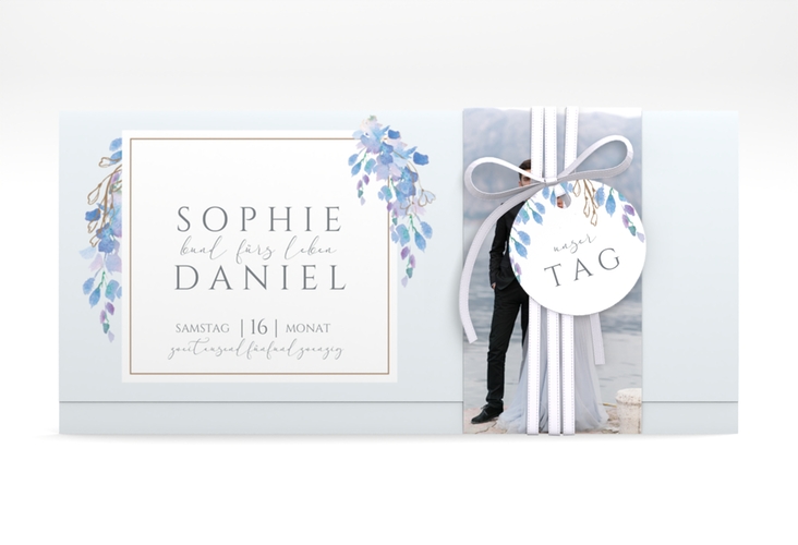 Hochzeitseinladung Blauregen Wickelfalzkarte + Banderole blau mit Wisteria-Blüten