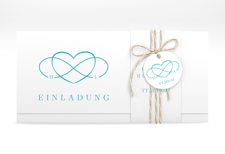 Hochzeitseinladung Infinity Wickelfalzkarte + Banderole tuerkis hochglanz