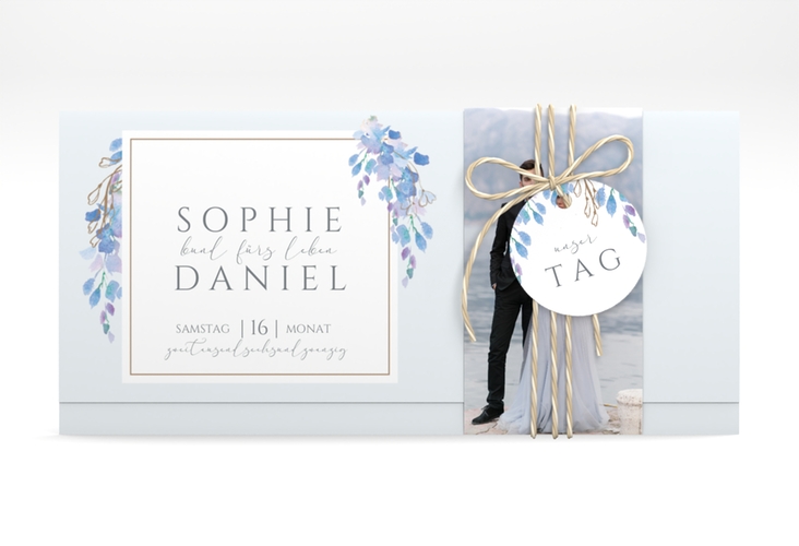 Hochzeitseinladung Blauregen Wickelfalzkarte + Banderole blau mit Wisteria-Blüten
