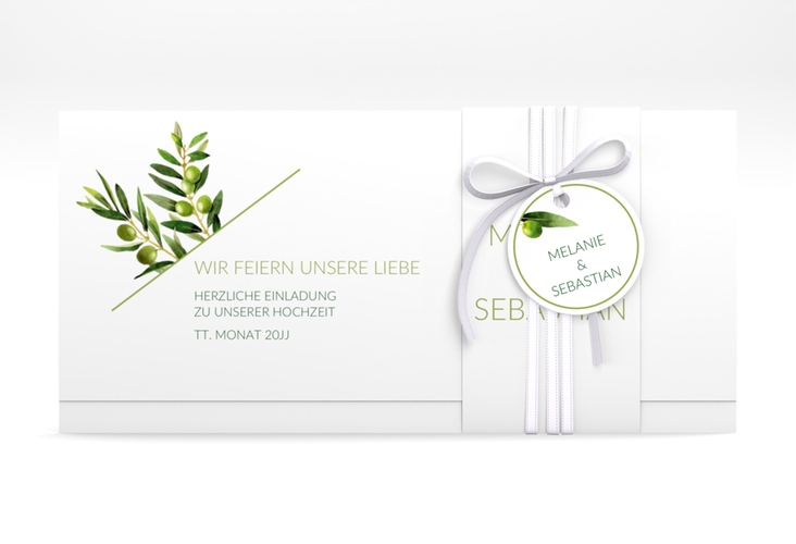 Hochzeitseinladung Olivenzweig Wickelfalzkarte + Banderole weiss