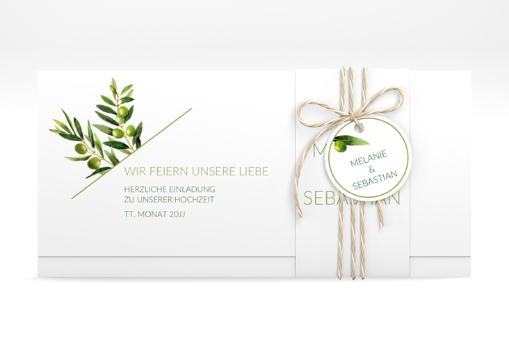 Hochzeitseinladung Olivenzweig Wickelfalzkarte + Banderole weiss